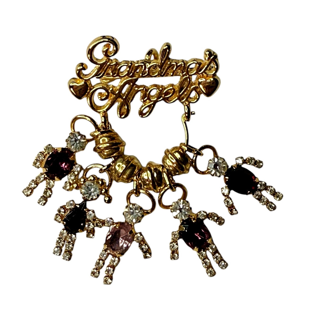 Grandma's Angels Gold Tone Brooch Pin 5 Dangle Rhinestone Children Charms